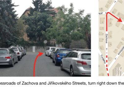At the crossroads of Zachova and Jiříkovského Streets, turn right down the hill.